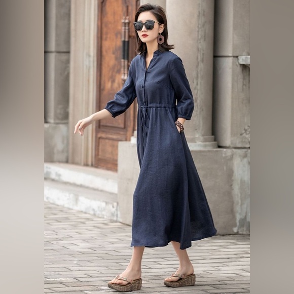 Vintage 1940s 1950s Button Down Denim Vibe Chambray Dress Size Large - Picture 1 of 7